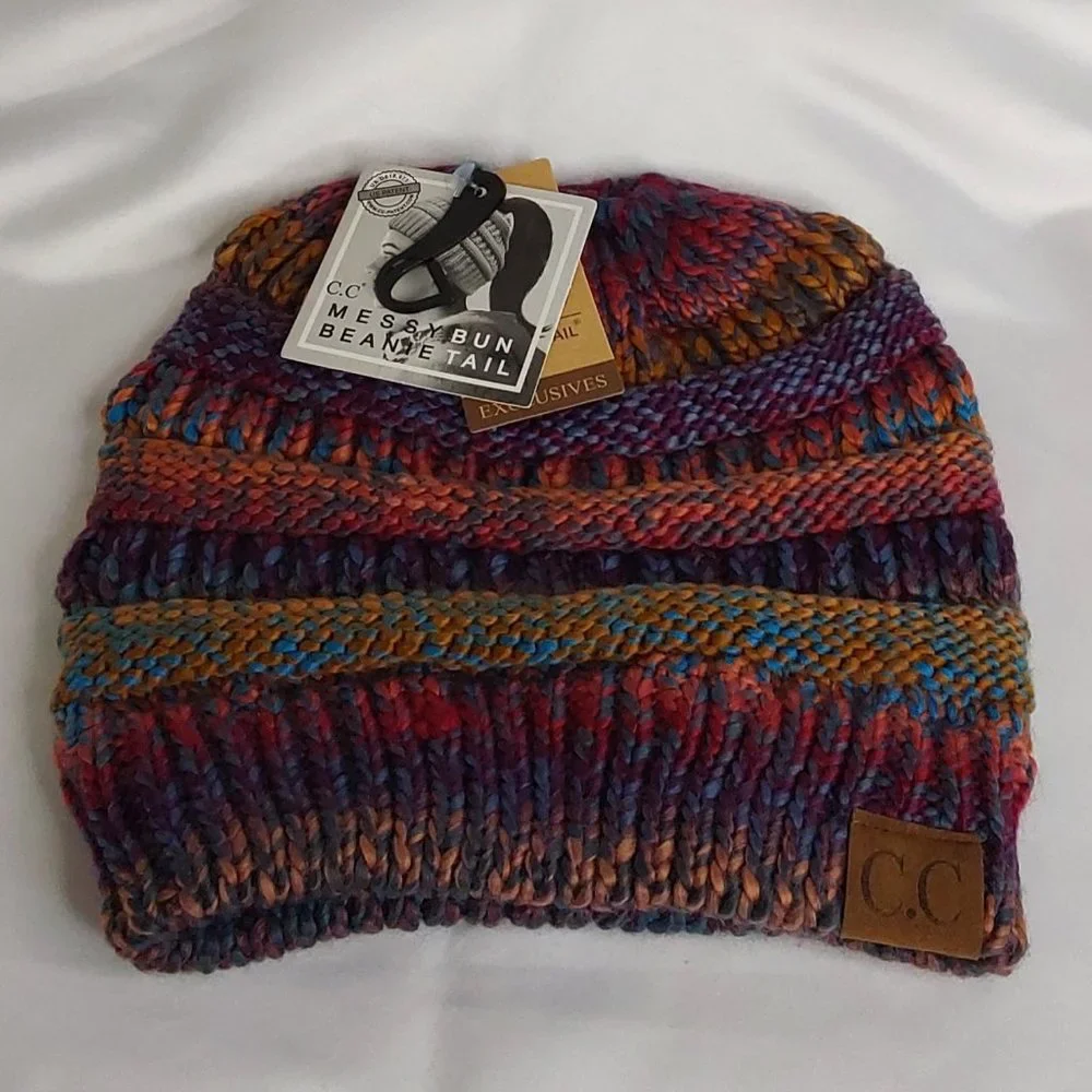 'C.C BEANIE' MESSY BUN BEANIE TAIL' VARIEGATED STRIPE - Picture 8 of 16
